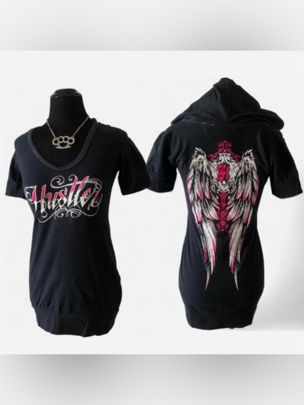 Deadstock NWT Hustler Hot Pink & Black Hooded Top with Wings Design